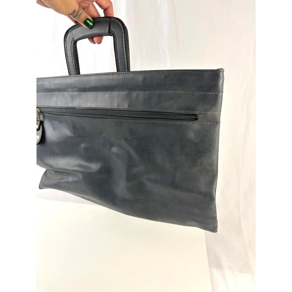 Vintage 90s Minimalist Gray-Blue Leather Structured Tote‎ Work Bag YKK Zip
